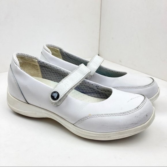 white leather crocs